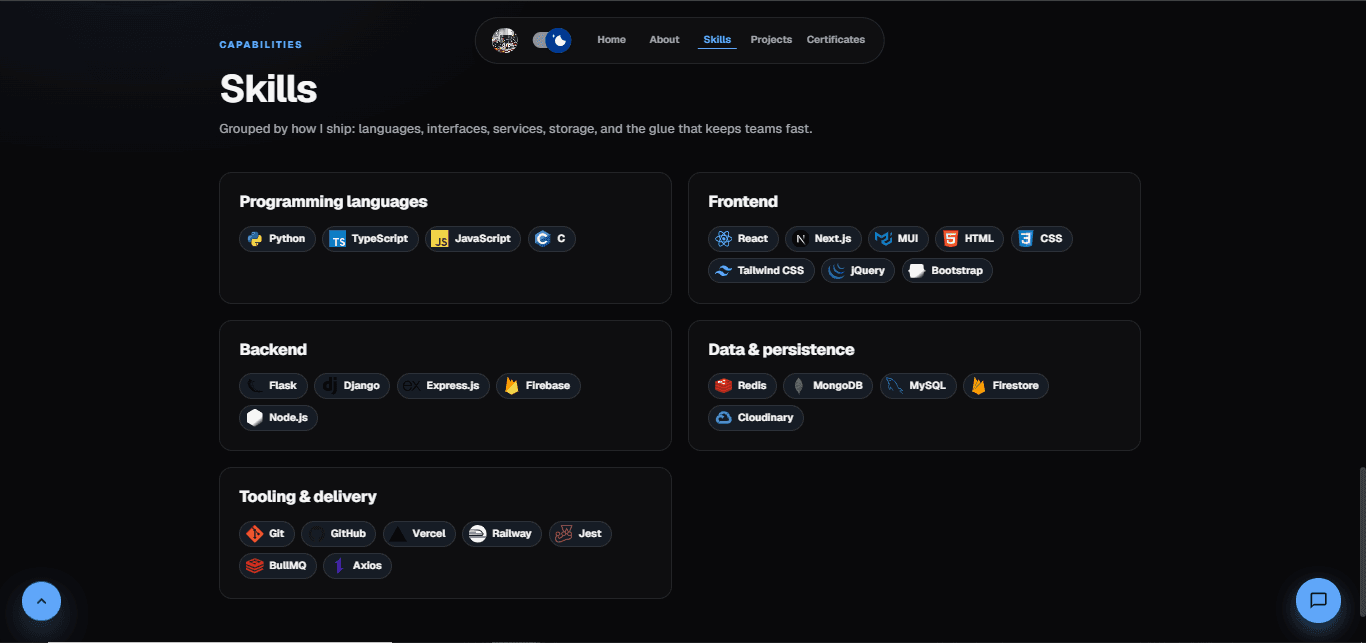 a screenshot of my portfolio homepage